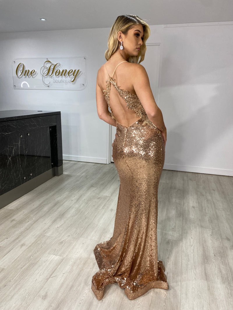 Honey Couture ASHLEY Gold Sequin w Lace ...
